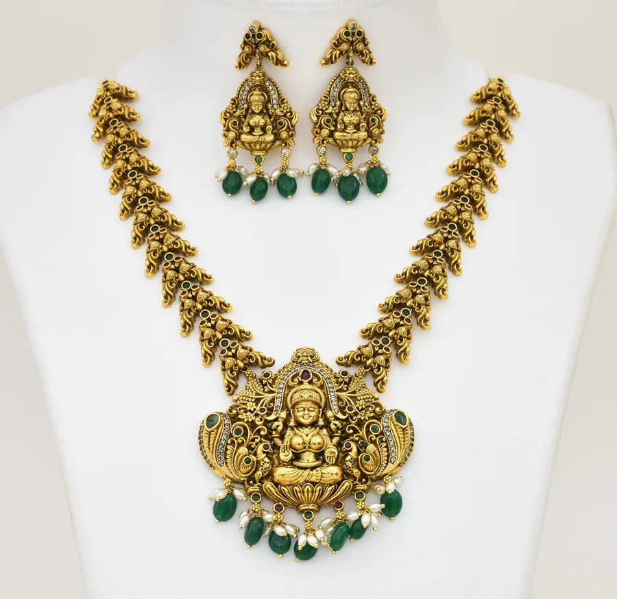 Antique White Green Goddess Laxmi Necklace With Dangler - X051177