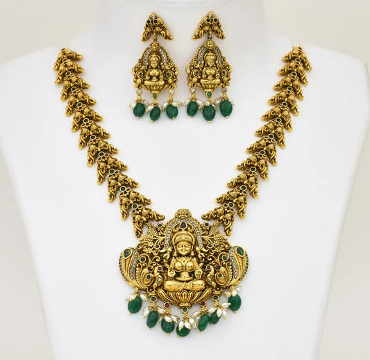 Antique White Green Goddess Laxmi Necklace With Dangler - X051177