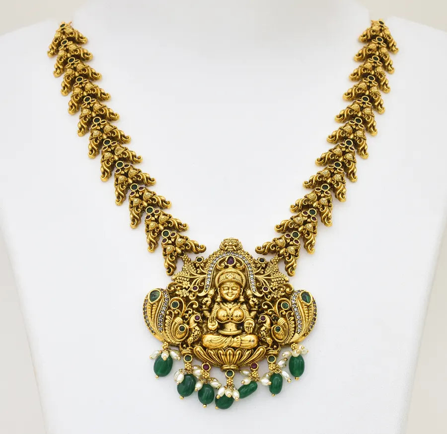 Antique White Green Goddess Laxmi Necklace With Dangler - X051177