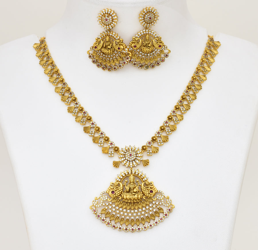 Antique White Magenta CZ Lakshmy Peacock Necklace With Dangler - X051168