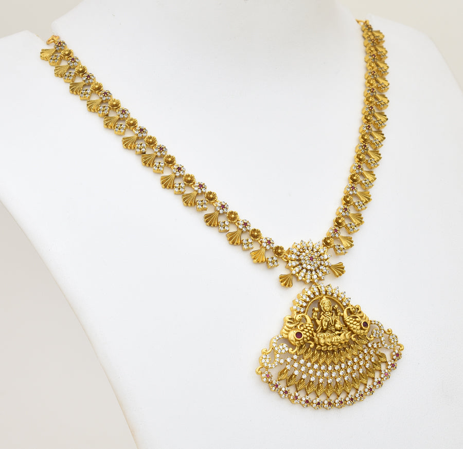 Antique White Magenta CZ Lakshmy Peacock Necklace With Dangler - X051168