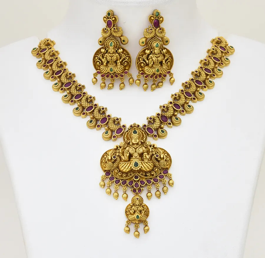 Antique Magenta Green Laxmi Peafowl Necklace With Dangler - X051173