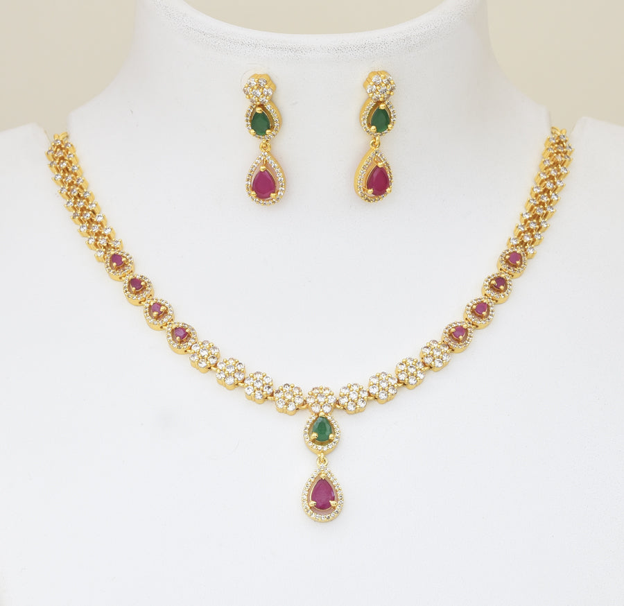 White Magenta Green Carnation Necklace with Dangler - Y101396