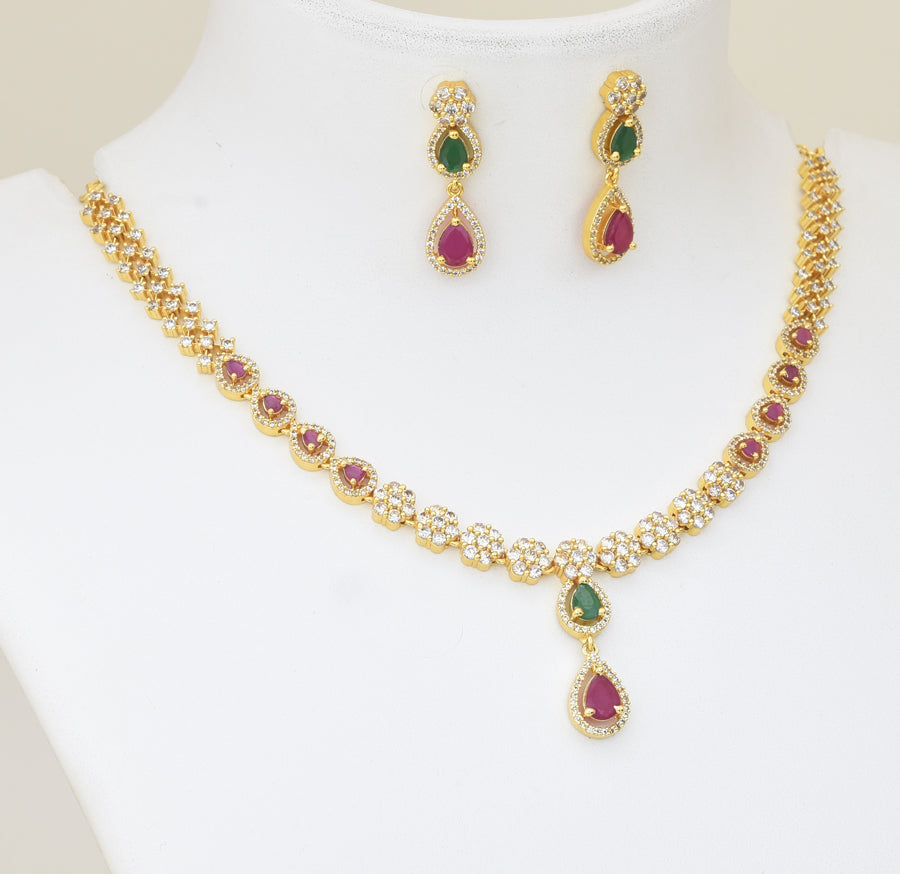 White Magenta Green Carnation Necklace with Dangler - Y101396