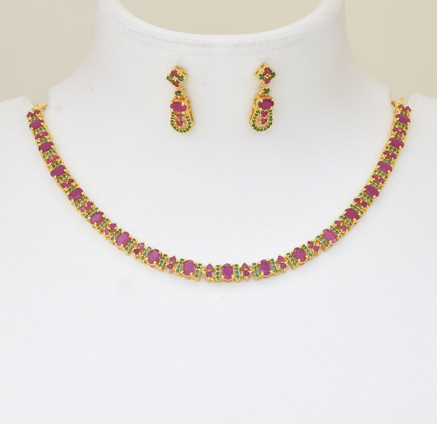 Magenta Green Regal Necklace with Dangler - Y101389