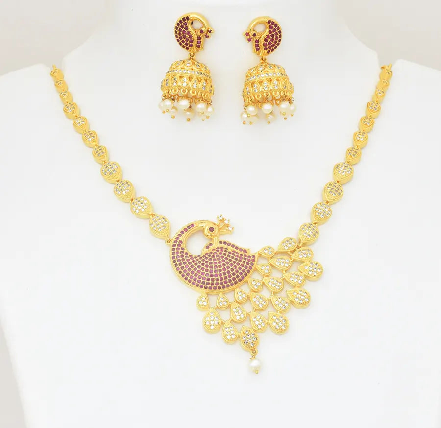 White Magenta Beautiful Peacock Necklace With Jhumka - U09117